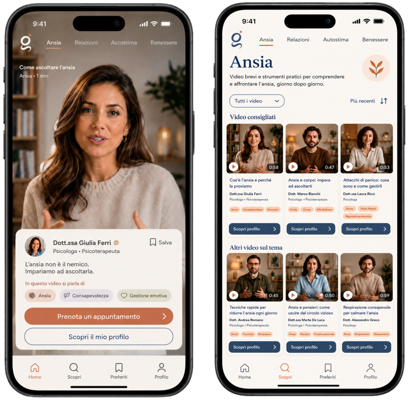 Anteprima dell'app Riguarda: feed di video di psicologi con schede profilo e pulsante Prenota